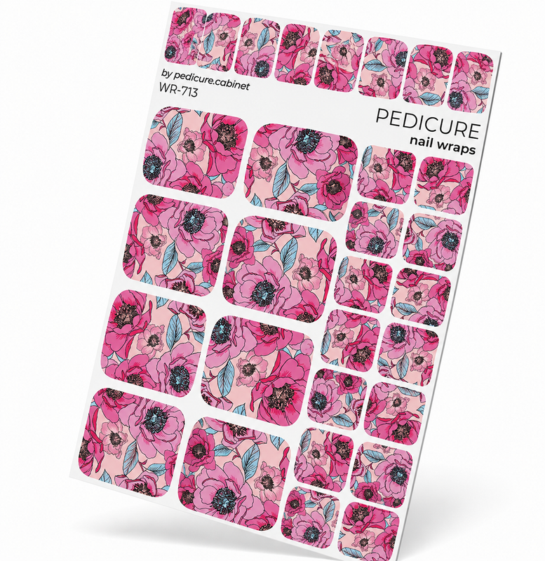 WR-713 - Pedicure Pink Peonies. Blue Leaves